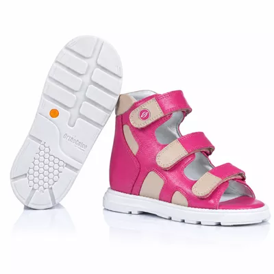 Sandália cano alto 3 velcros em couro pink e bege